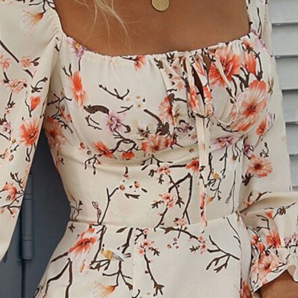 Boho Floral Print Puff Sleeve Split Thigh Cottagecore Dress - Picture 10 of 14